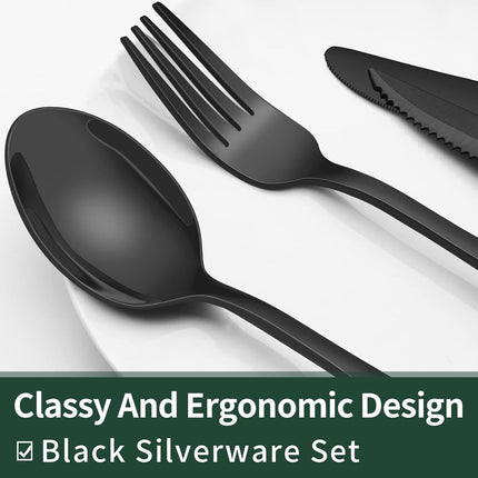 24-Piece Black Silverware Set with Steak Knives, Black Flatware Set
