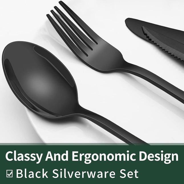 24-Piece Black Silverware Set with Steak Knives, Black Flatware Set