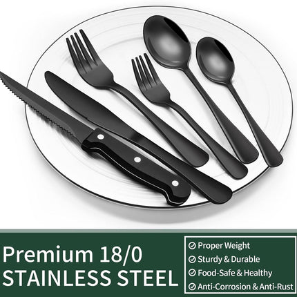 24-Piece Black Silverware Set with Steak Knives, Black Flatware Set