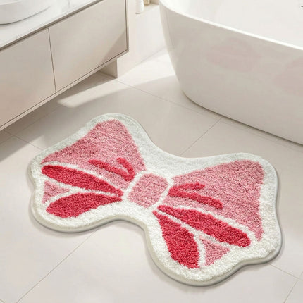 Pink Bow Bathroom Rug, 19.6" x 31.5" Irregular Rug, Fluffy Bath Mat,