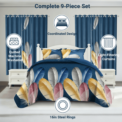 9-Piece Feather Print Bedding & Curtain Set (Queen/King/Cal King) -
