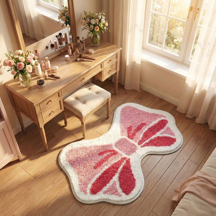 Pink Bow Bathroom Rug, 19.6" x 31.5" Irregular Rug, Fluffy Bath Mat,