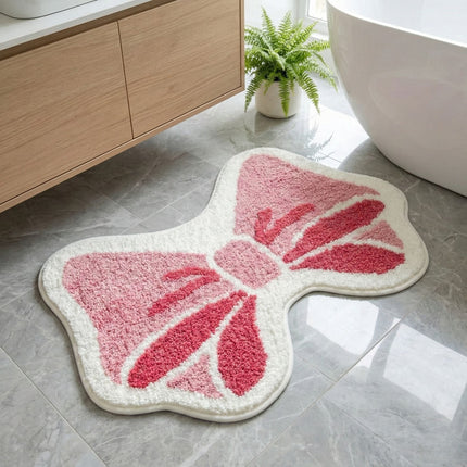 Pink Bow Bathroom Rug, 19.6" x 31.5" Irregular Rug, Fluffy Bath Mat,