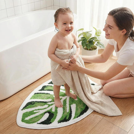Leaf Bath Mat - Soft, Green MonsteraNon-Slip Leaves Rug, Tropical
