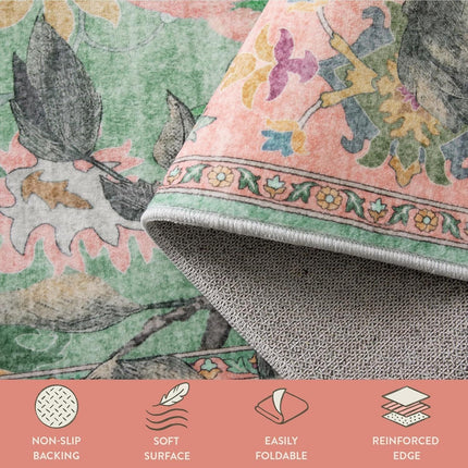 Botanical Birds 5x7 Washable Living Room Rug, Boho Green Bedroom