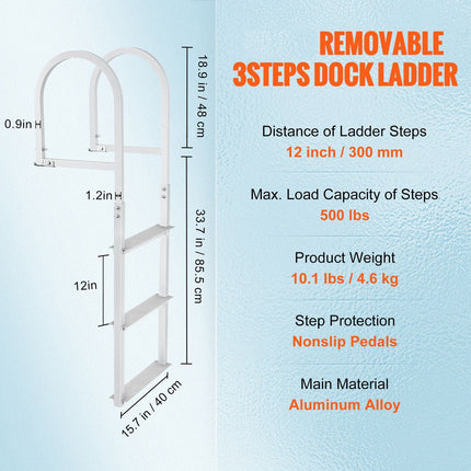 Dock Ladder, Removable 3 Steps, 500 lbs Load Capacity, Aluminum Alloy