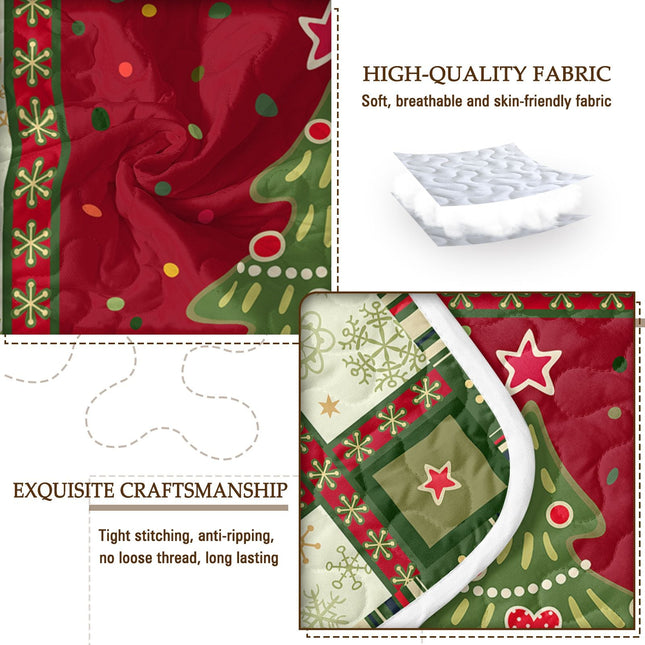 3 Piece Cute Christmas Tree Quilt Set Red Green Snowflakes Pattern