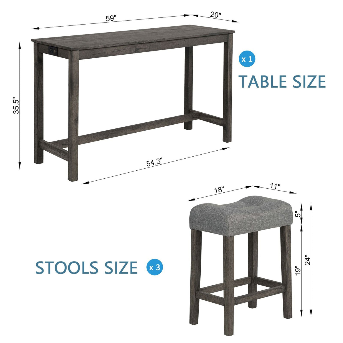 4 Piece Bar Table Set with Power Outlet,Bar Table Set with Chairs,Sofa
