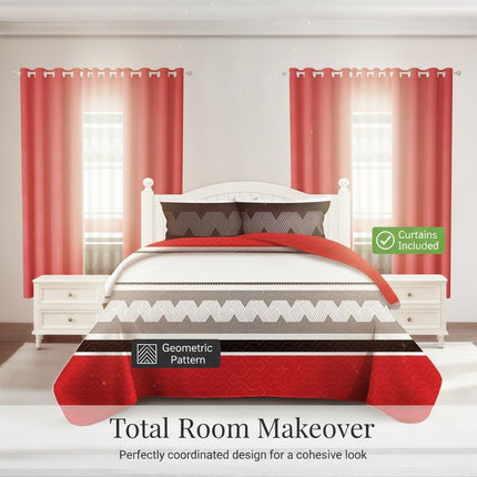 9-Piece Red & Geometric Zigzag Bedding & Curtain Set (Queen/King/Cal