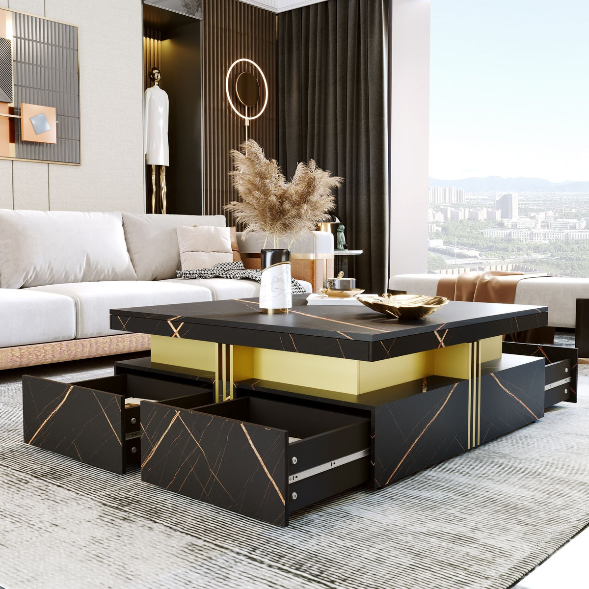 Modern Square Storage Coffee Table With 4 Drawers