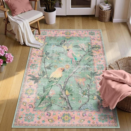 Botanical Birds 5x7 Washable Living Room Rug, Boho Green Bedroom