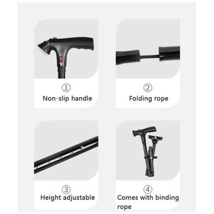 Collapsible Adjustable Height Cane With LED Light Alert Button Walking