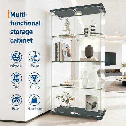 Glass Display Cabinet 4-Tier, Display Cabinet with Glass Doors, Curio