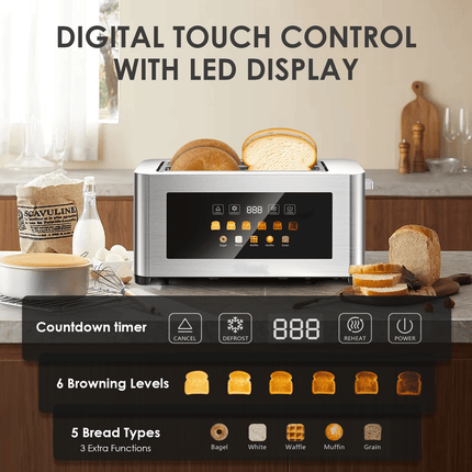 4-piece ultra-wide long-slot toaster with silver dual-control bread