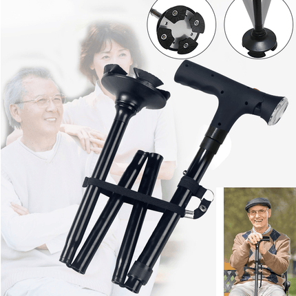 Collapsible Adjustable Height Cane With LED Light Alert Button Walking