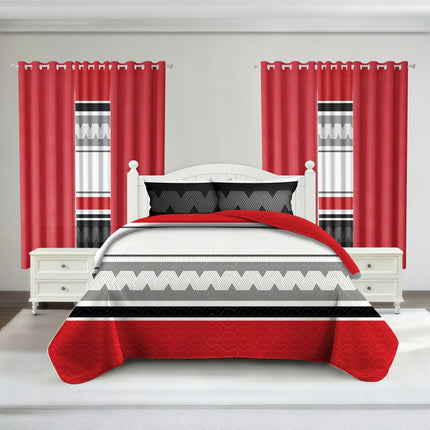 9-Piece Red & Geometric Zigzag Bedding & Curtain Set (Queen/King/Cal