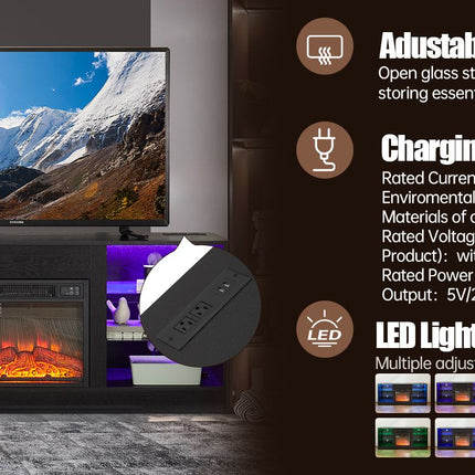 TV Stand Electric Fireplace TV Stand with Glass Shelves, 3D Fireplace