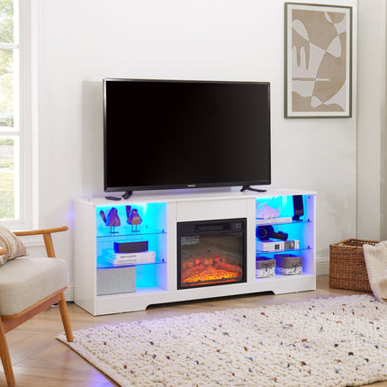 TV Stand Electric Fireplace TV Stand with Glass Shelves, 3D Fireplace