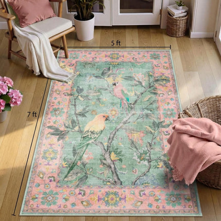 Botanical Birds 5x7 Washable Living Room Rug, Boho Green Bedroom