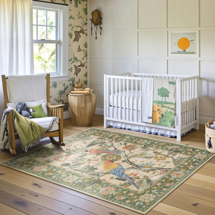 Botanical Birds 5x7 Washable Living Room Rug, Boho Green Bedroom