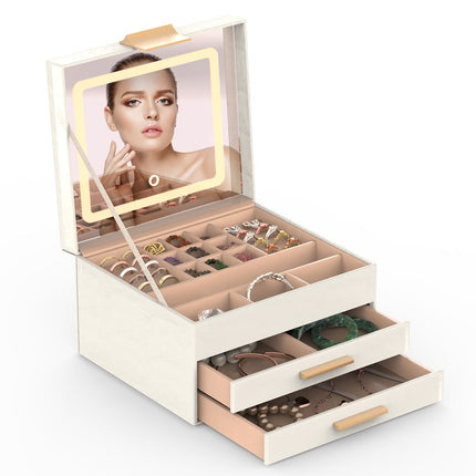 Jewelry Box with LED Mirror 3-Layer Jewelry Organizer with 2 Drawers