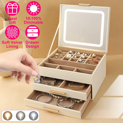 Jewelry Box with LED Mirror 3-Layer Jewelry Organizer with 2 Drawers