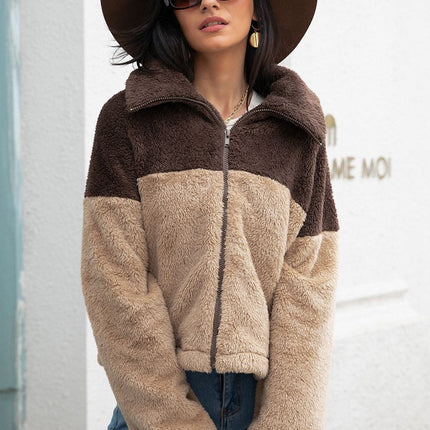 Two-Tone Collared Neck Fuzzy Jacket