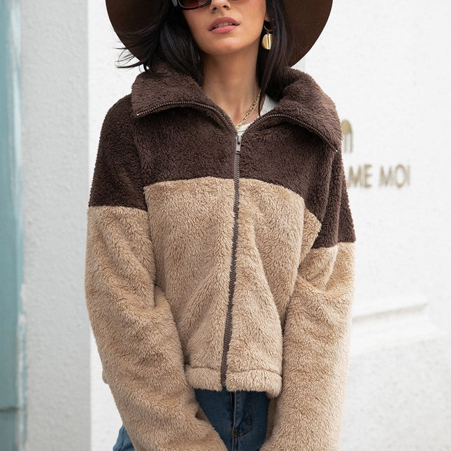 Two-Tone Collared Neck Fuzzy Jacket
