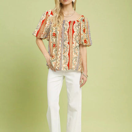 Umgee Patchwork Puff Sleeve Smocked Blouse