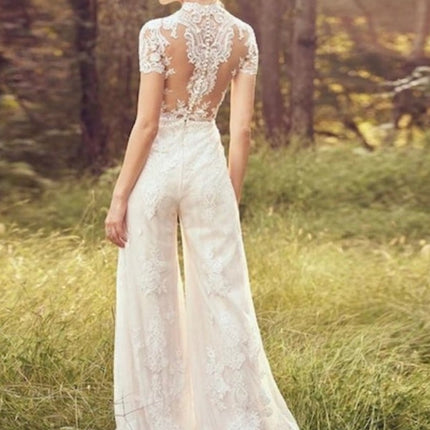 Bride Pants Suit Wedding Bridal Gowns Short Sleeve Jumpsuit