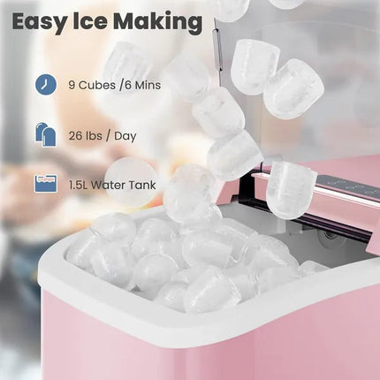 Countertop Ice Maker With Handle, 26lbs&24H Portable Ice Machine, 9