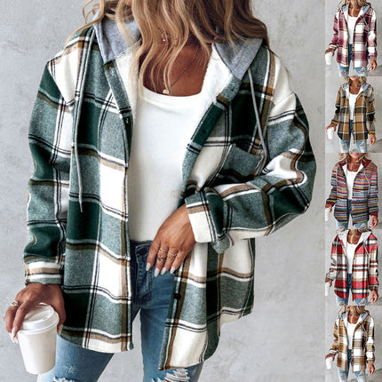 Plaid Hooded Jacket Fashion Casual Button Pocket Coat Autumn And