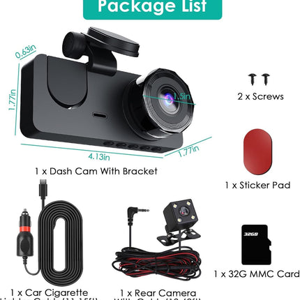 3 Channel Dash Cam, 1080P Dash Cam Front And Rear Inside, Three Way