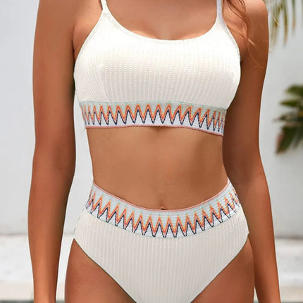 Textured Contrast Banding Bikini High Waist 2pcs Swimsuit