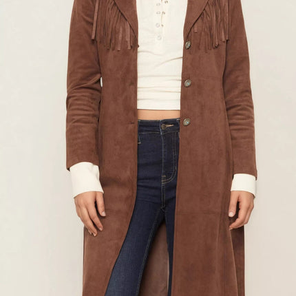 Fringe Lapel Collar Long Sleeve Coat