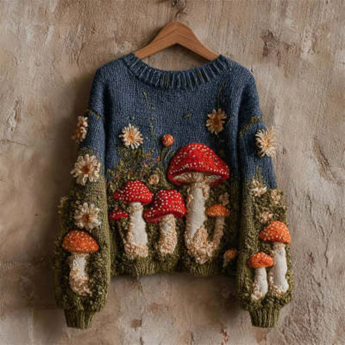 Women’s Loose-Fitting Pullover Sweater – Round Neck with Floral 3D