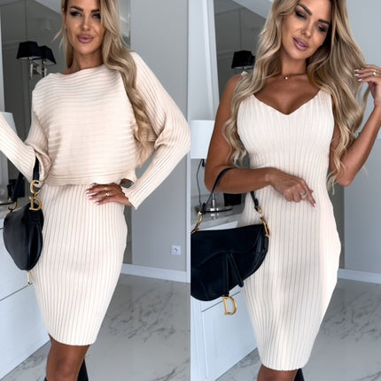 2pcs Suit Women's Solid Stripe Long-sleeved Top And Tight Suspender