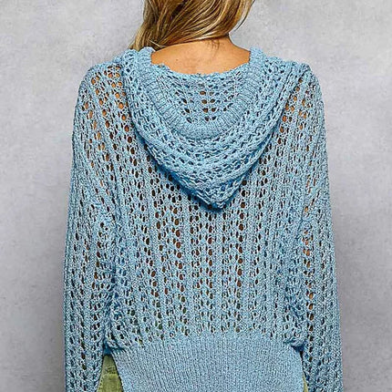 POL Openwork Round Neck High Low Knit Top
