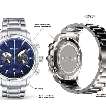 Amber Time Men's Quartz Chronograph Watch Stainless Steel Band 50m