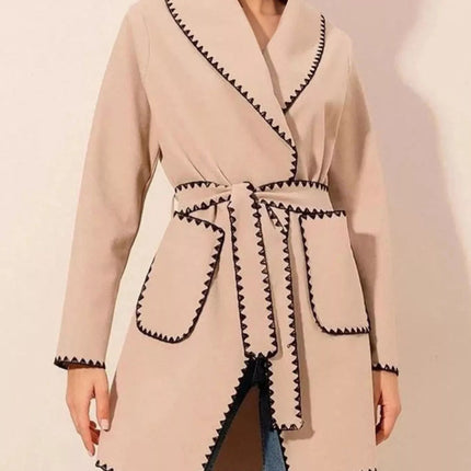 Contrast Trim Tie Waist Outerwear