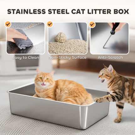 XL Stainless Steel Litter Box w/ 100° Flip Top, Scoop, Step, Top &