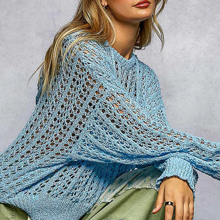 POL Openwork Round Neck High Low Knit Top