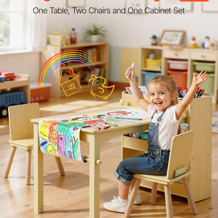 Kids Art Table And Chair Set, Toddler Craft Table With 3 Tiers Storage