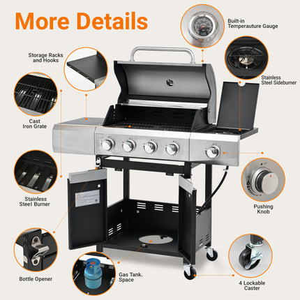 Propane Grill 4 Burner Barbecue Grill Stainless Steel Gas Grill With