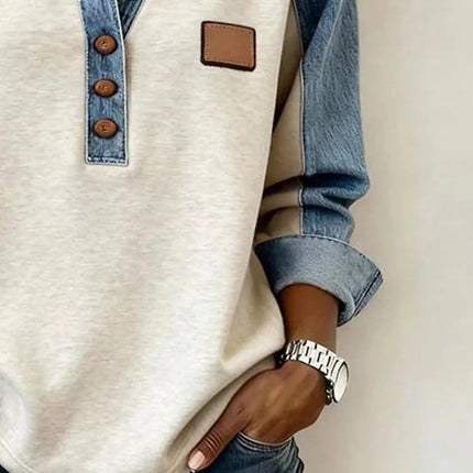 Denim Trim Button Detail Sweatshirt