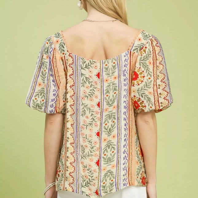 Umgee Patchwork Puff Sleeve Smocked Blouse