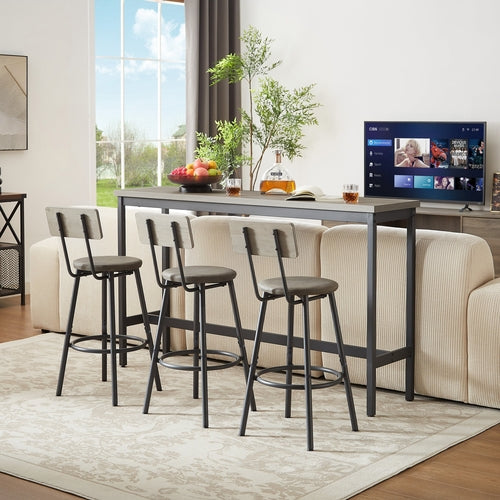 Long Bar Table Set With 3 PU Upholstered Bar Stools, Industrial Bar