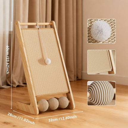 Large Vertical Sisal Cat Scratcher With Balls, Wooden Frame -Sisal