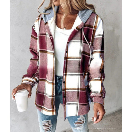 Plaid Hooded Jacket Fashion Casual Button Pocket Coat Autumn And