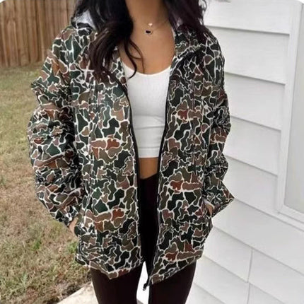 Women's Camouflage Print Long Sleeve Hooded Jacket With Zipper &